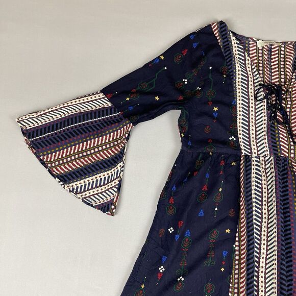 Umgee Lace Up Front Bell Sleeve Mini Dress Tunic Women's Sm Blue Floral Boho - Picture 12 of 15